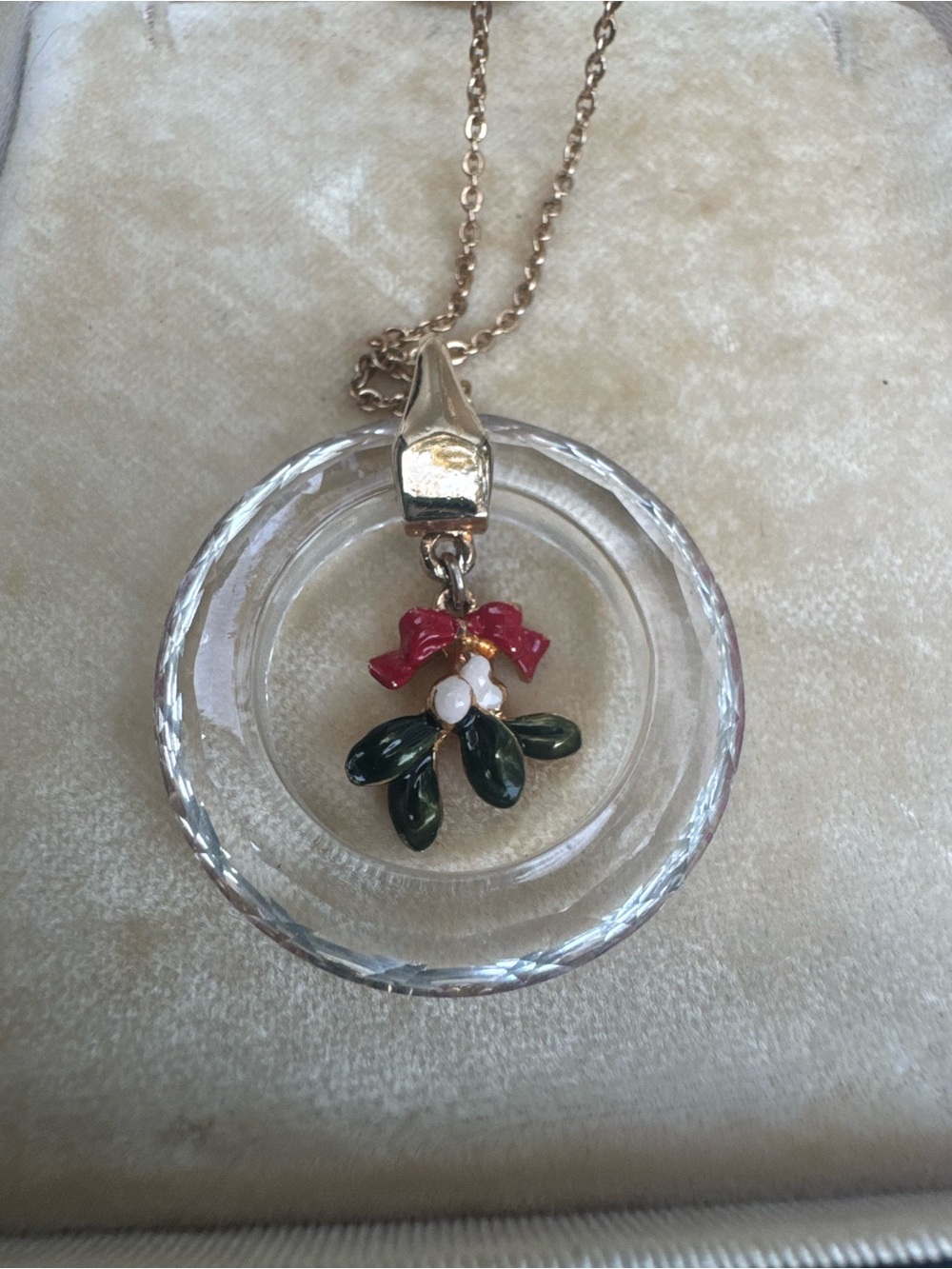 Hallmark Gold-Tone Crystal Ring Necklace with Green and Red Mistletoe Charm